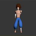 3D Character With Spiky Brown White Hair Shirtless Blue Baggy Pants Standing On Dark Background