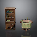 Brown Wooden Bookshelf With Multiple Shelves And Small Round Table With Tablecloth Books And Candle