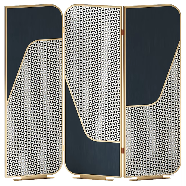 Modern Chinese Style Folding Screen With Geometric Pattern And Golden Frame 3d model 