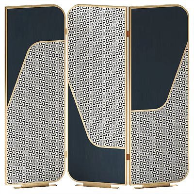 Modern Chinese Style Folding Screen With Geometric Pattern And Golden Frame 3d model