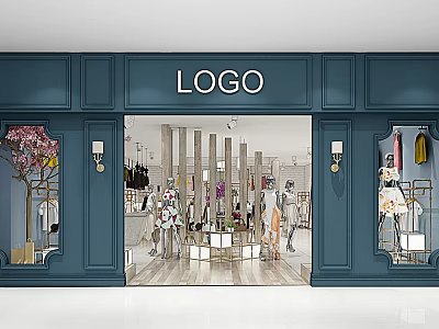 Fashion Store with Dark Blue Facade LOGO Decorative Tree Display Windows Mannequins and Clothing Displays 3d model