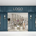 Fashion Store with Dark Blue Facade LOGO Decorative Tree Display Windows Mannequins and Clothing Displays