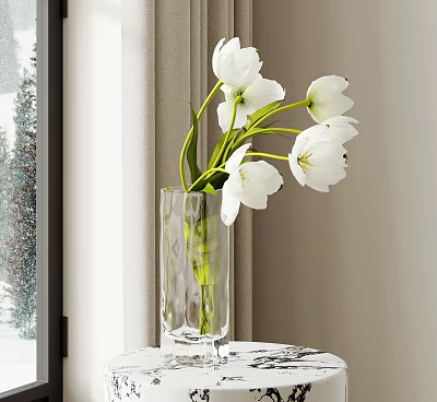 Transparent Glass Vase With Fresh White Tulips On Marble Tabletop By Window 3d model