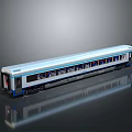Blue and White Train Carriage with Multiple Windows Shiny Surface Reflection on Dark Background
