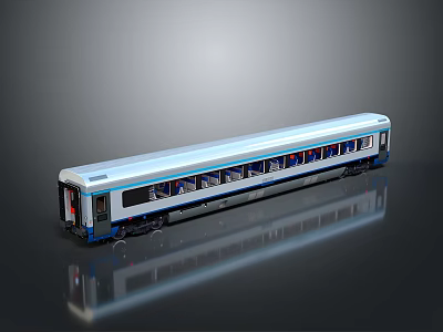 Blue and White Train Carriage with Multiple Windows Shiny Surface Reflection on Dark Background 3d model