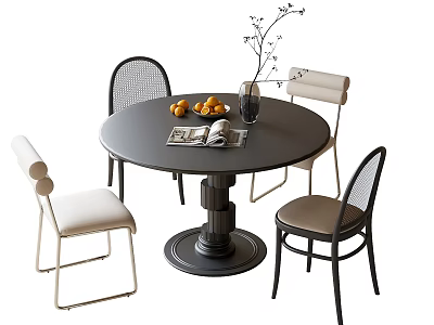 Modern Round Dining Table with Four Chairs and Fruit Magazine Vase Decoration 3d model