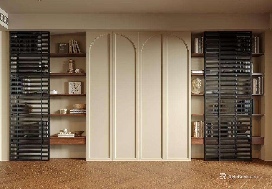 Modern Interior With Black Grid Bookcases Beige Curved Doors Books And Decorative Items 3d model 
