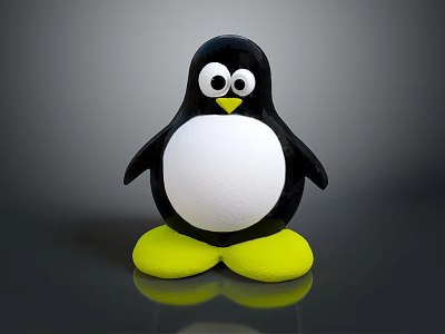 Penguin Toy Figure With Black Body White Belly Yellow Feet Big Eyes On Reflective Surface 3d model