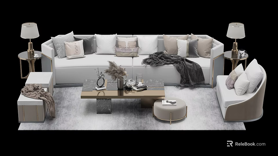 Elegant Modern Sofa Coffee Table Set With Plush Pillows Soft Blanket And Decorative Items 3d model