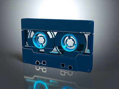 Synthwave Blue Cassette Tape With Glowing Rings Retro Musical Instrument Accessory Reflective Surface 3d model