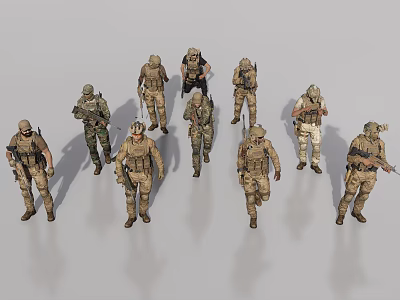 Men In Military Uniforms With Different Weapons And Tactical Gear Standing Together 3d model