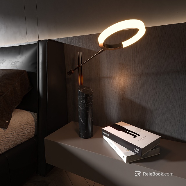 Modern Ring Shaped Table Lamp On Bedroom Nightstand With Books And Marble Base 3d model 