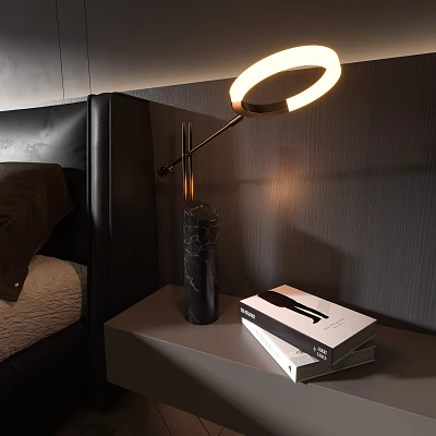 Modern Ring Shaped Table Lamp On Bedroom Nightstand With Books And Marble Base 3d model