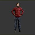 Man In Red Hoodie And Blue Jeans Standing With Hands On Hips Against Gray Background