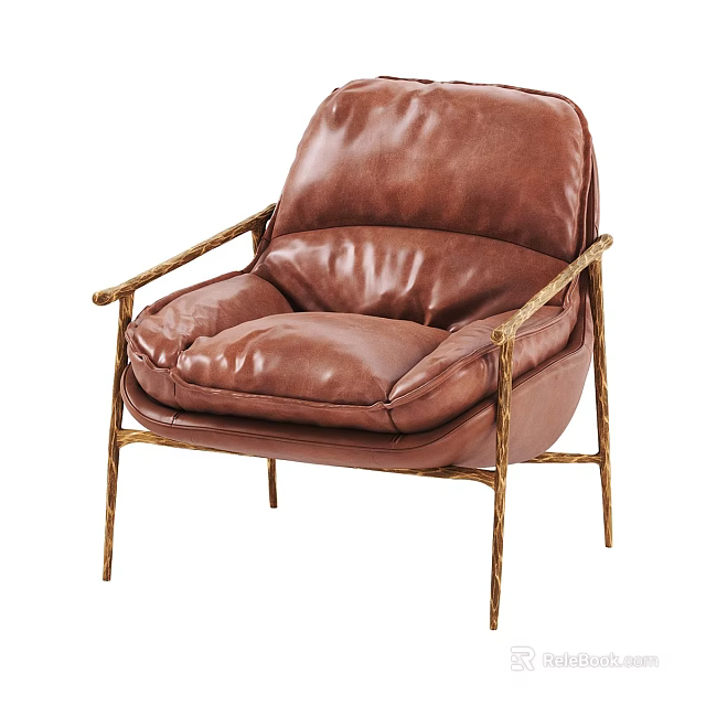 Modern Brown Leather Single Sofa With Comfortable Cushions And Metal Frame 3d model 