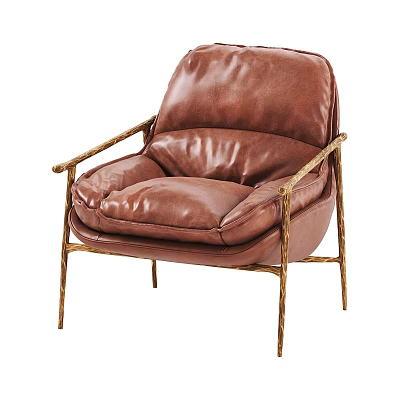 Modern Brown Leather Single Sofa With Comfortable Cushions And Metal Frame 3d model