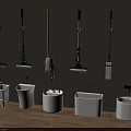 Practical Bathroom Accessories With Hanging Cleaning Tools And White Basins 3d model