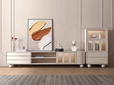 Modern Light Colored TV Stand with Vases Sculptures and Abstract Painting on Paneled Wall 3d model