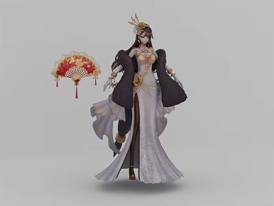 Elegant Game Movie Character In Traditional White Black Robe With Red Fan And Headdress 3d model