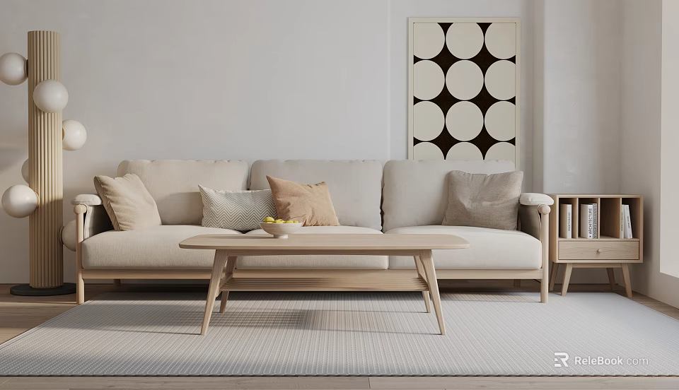 Three Seater Light Beige Sofa With Mixed Pillows Wooden Coffee Table And Circular Wall Art 3d model 