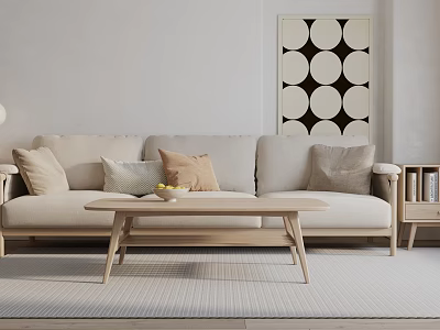 Three Seater Light Beige Sofa With Mixed Pillows Wooden Coffee Table And Circular Wall Art 3d model