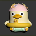 Cartoon Duck Character With Pink Hat Flower Decorations And Little Duckling In Yellow Float Ring