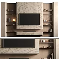 Modern TV Wall Interior Design With Marble Texture Floating Shelves And Decorative Items 3d model