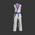 White Taekwondo Uniform With Blue Belt Red And Blue Collar And Chest Badge