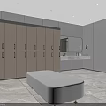 Modern Locker Room Interior with Wooden Lockers Gray Floor Bench Mirror and Sink Counter