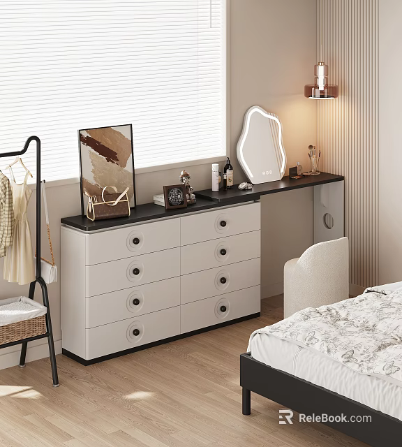 Modern Bedroom Interior With Dressing Table Drawers Mirror And Window Blinds 3d model