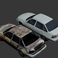Two Cars Parked Side By Side With White And Rusted Damaged Exteriors