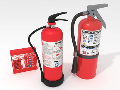 Fire Safety Equipment With Two Red Fire Extinguishers And Instruction Box 3d model