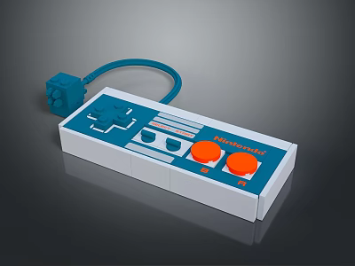 Vintage Computer Game Controller With Blue White Case Orange Buttons And Connected Cable 3d model