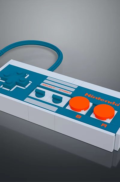 Vintage Computer Game Controller With Blue White Case Orange Buttons And Connected Cable 3d model
