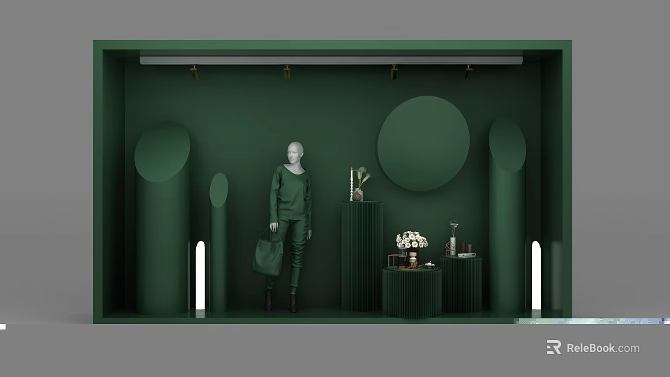 Green Shop Window Display Featuring Mannequin In Green Outfit Circular Decorations Vase Flowers Table Lighting 3d model 