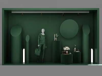 Green Shop Window Display Featuring Mannequin In Green Outfit Circular Decorations Vase Flowers Table Lighting 3d model