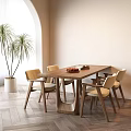 Wooden Dining Table Set with Beige Chairs Fruit Bowl and Potted Plant by Arched Window