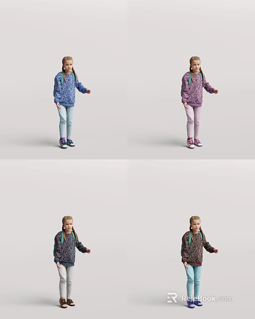 Girl Standing In Gray Background Wearing Different Colored Knitted Sweater And Pants 3d model 