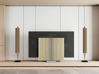 Contemporary TV With Vertical Slat Decor On Wooden White Paneled Wall And Brown Floor Lamps 3d model