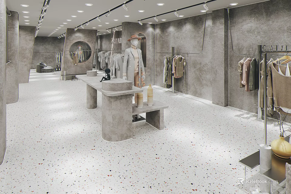 Modern Clothing Store Interior With Mannequins Hangers And Display Tables 3d model 