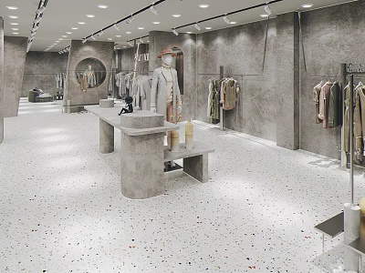 Modern Clothing Store Interior With Mannequins Hangers And Display Tables 3d model