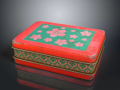 Vintage Red Decorative Storage Box With Pink Flower Pattern Green Background And Golden Edges 3d model