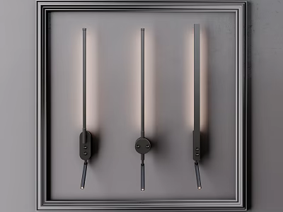 Three Slim Modern Wall Lamps With Black Bases Mounted On Framed Panel 3d model
