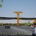 Modern Entrance Gate with Golden Tree Shaped Structure and LOGO Surrounding Trees Vehicles Passing By
