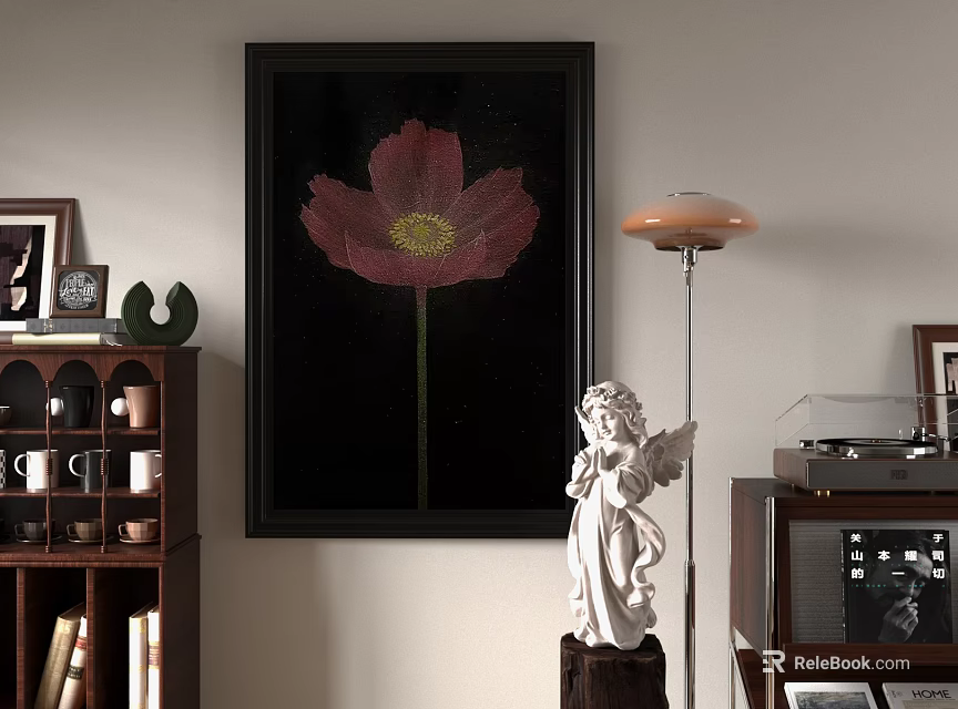 Pink Flower Oil Painting on Black Background in Room with Bookshelf Lamp and Angel Statue 3d model 