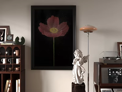 Pink Flower Oil Painting on Black Background in Room with Bookshelf Lamp and Angel Statue 3d model