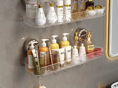 Transparent Two Tier Wall Mounted Bathroom Shelf Holding Toiletries And Skincare Products 3d model