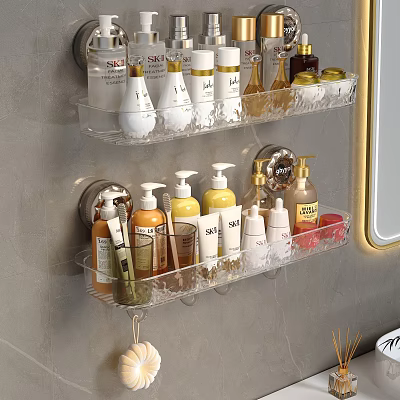 Transparent Two Tier Wall Mounted Bathroom Shelf Holding Toiletries And Skincare Products 3d model