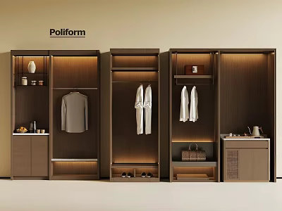 Modern Poliform Wardrobe Design with Hanging Clothes Storage Bags Shoes and Decorative Items 3d model