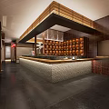 Traditional Japanese Restaurant Interior With Wooden Counter Stone Top And Wine Rack